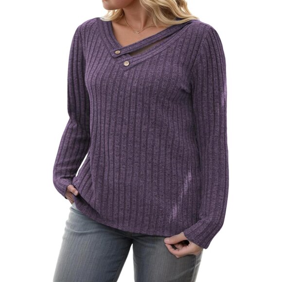 Plus Size Women's Knitted V Neck Top Long Sleeve Casual Blouse - Picture 3 of 7